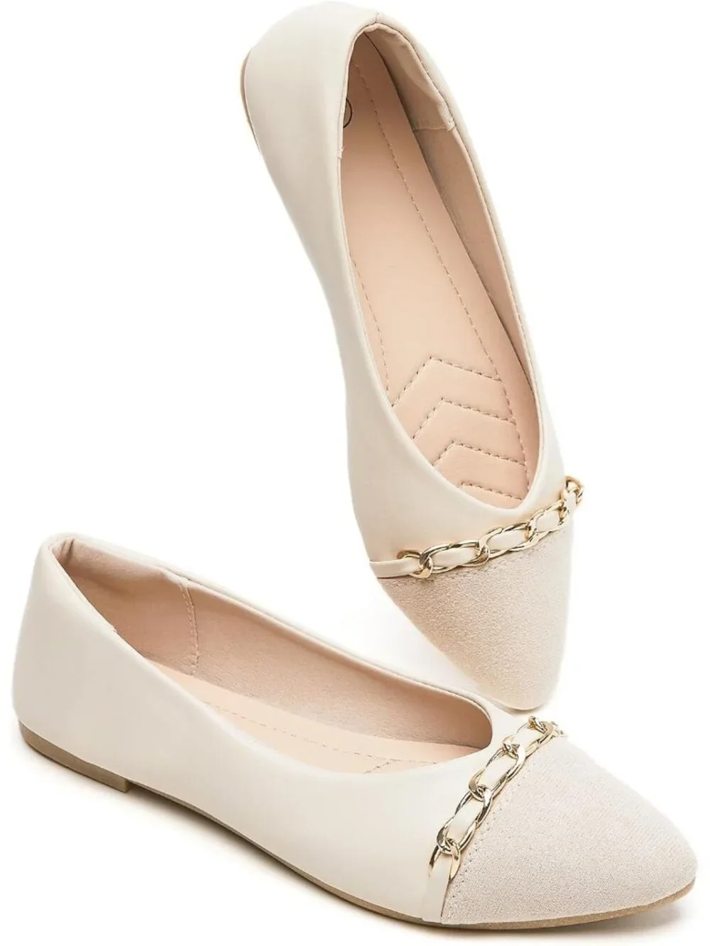 Women's Beige Crimping Suede Ballet Flats Pointed Toe Comfortable Dress Shoes